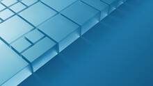 Transparent Shapes On A Blue Surface. Futuristic Tech Design With Copy Space. 3D Render.