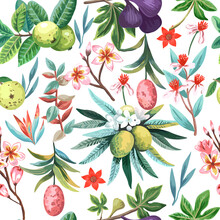 Seamless Pattern With Exotic Tropical Plants, Fruits And Flowers. Tropical Paradise Colorful Print For Design And Textile