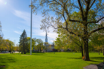 First Parish Church and Battle Green at Lexington Common National Historic Site in historic town center of Lexington, Massachusetts MA, USA. 