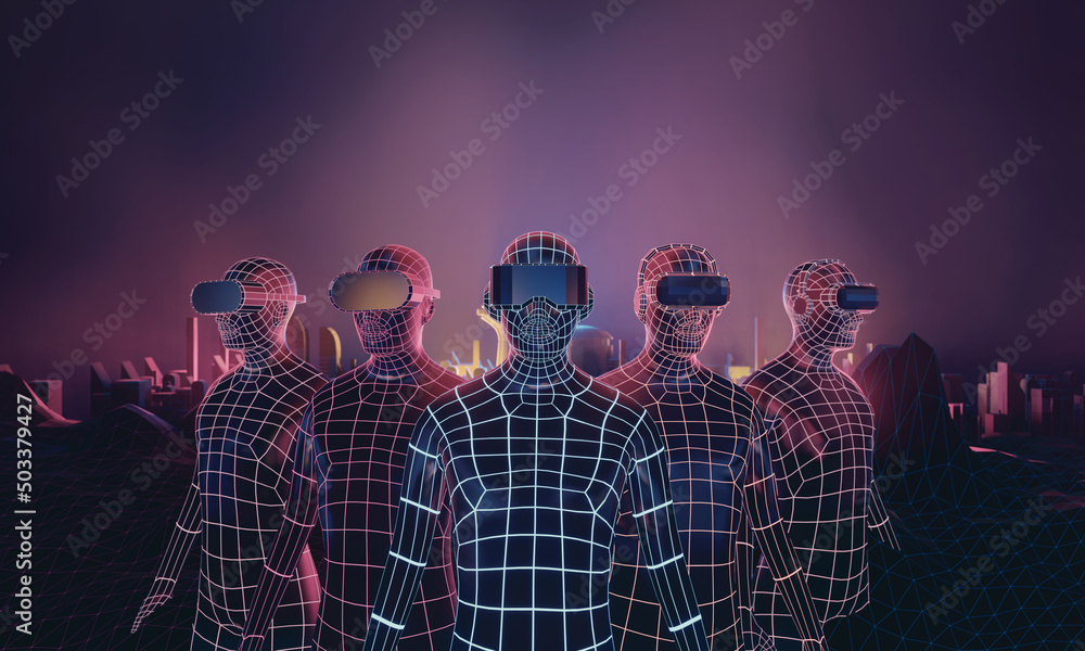 3D wireframe five virtual human team wear VR headset on dark city ...