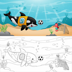 Vector illustration of cartoon orca whale with seahorse playing soccer underwater. Coloring book or page