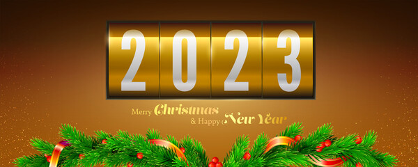 New 2023 eve. Golden countdown clock with numbers 2023. New year and Christmas banner