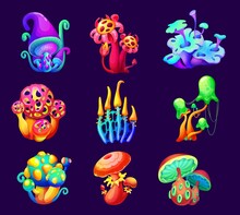 Magic And Fairy Mushrooms. Fantasy Fungi, Alien Planet Vibrant Color And Fluorescent Organisms, Extraterrestrial Flora Cartoon Vector Mushrooms With Holes And Slime On Cap. Game UI Interface Icons Set