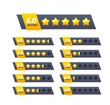 Five golden star review rate, customer feedback evaluation of service or product quality. 5 star and no rating statuses isolated vector bars of vote ranking scale, customer review rank or star rating