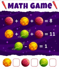 Sticker - Math game worksheet, cartoon space planets and stars, education maze. Vector puzzle for numeracy and mathematics skills development, educational maze riddle activity for kids, learn to count teaser