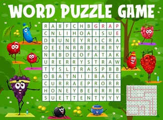 Wall Mural - Word search puzzle game worksheet, cartoon berry characters on yoga fitness. Vector kids quiz grid with cranberry, blueberry, strawberry and barberry, grape, raspberry, honeyberry or currant