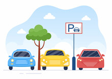 Valet Parking With Ticket Image And Multiple Cars On Public Car Park In Flat Background Cartoon Illustration