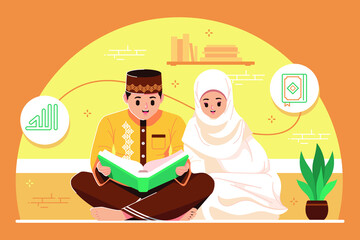 Wall Mural - cute islamic couple reading a quran together