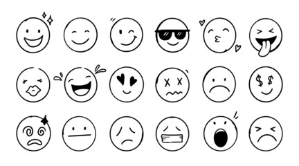 doodle emoji face icon set. hand drawn sketch style. emoji with different emotion mood, happy, sad, 