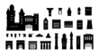 Castle silhouette. Medieval fortress constructor kit with towers walls and gate black elements. Vector ancient gothic monastery