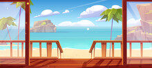 Bungalow Wooden Porch And View To Sand Sea Beach With Palm Trees And Mountains In Water. Vector Cartoon Illustration Of Summer Tropical Ocean Landscape And House Terrace With Staircase