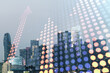 Double exposure of abstract virtual upward arrows hologram on Los Angeles city skyscrapers background. Ambition and challenge concept