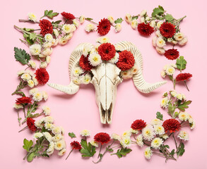 Wall Mural - Composition with skull of sheep and flowers on pink background