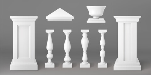 Wall Mural - Architecture elements of balustrade for balcony, terrace, parapet. Vector realistic set of 3d white stone or marble pillars, columns, baluster, handrail and base of classic ancient fence