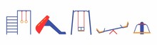 A Set Of Icons For The Designation Of Playground Equipment. Items For Children's Entertainment And Development. Outdoor Games. Illustration In The Style Of Flat Geometric Graphics