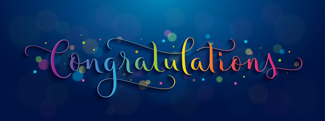 Poster - CONGRATULATIONS rainbow vector brush calligraphy greeting card with bokehs and stars on blue background