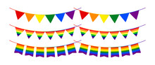 Set Of Flags Party With Rainbows Color On White Background. Bunting Fancy Flags Triangular For Decoration. LGBT Pride Flag, Rainbow Garland Flag. Vector Illustration.
