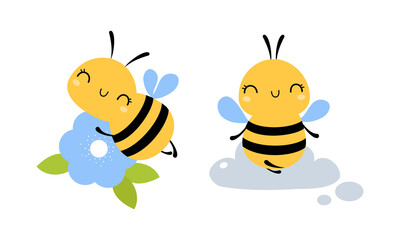 Canvas Print - Cute Little Honey Bee with Wings and Black Stripes Flying with Flower and Meditating Vector Set