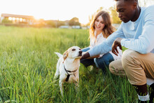 Happy Young Couple With Dog In Nature