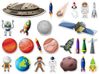 Canvas Print - Sticker set of outer space objects and astronauts