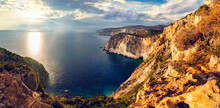 Zakynthos In Greece, Keri Cliffs And Ionian Sea At Sunset