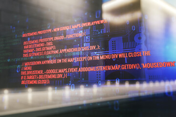 abstract virtual coding illustration on blurry contemporary office building background, software dev