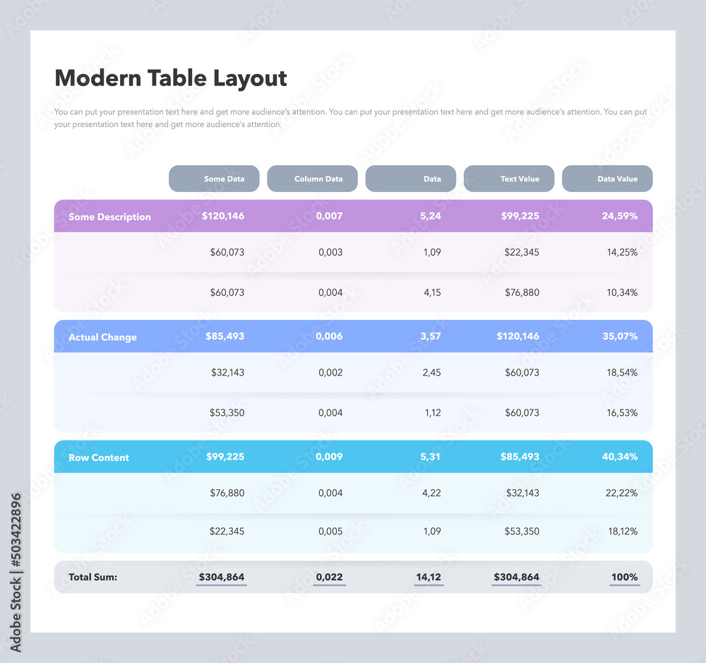 Modern table layout template with a total sum row. Flat design, easy to ...