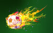 An illustration football on fire, for a game 
of the soccer world cup with green background