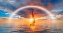 Yacht Sailing In Open Sea At Stormy Day With Rainbow - Anchored Sailing Yacht On Calm Sea With Tropical Storm 