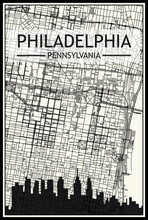 Light Printout City Poster With Panoramic Skyline And Streets Network On Vintage Beige Background Of The Downtown PHILADELPHIA, PENNSYLVANIA