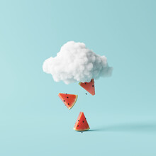 Watermelon Rain With Cloud Creative Idea. Minimal Summer Concept. 3d Rendering
