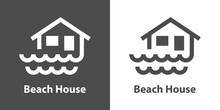 Logotipo Con Texto Beach House Con Silueta De Casa Con Olas Con Líneas En Fondo Gris Y Fondo Blanco
