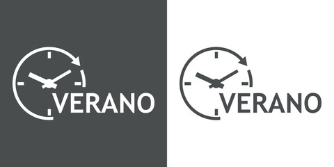 Canvas Print - Tiempo de verano. Logo con texto Verano en español con silueta de esfera de reloj simple con líneas con forma de flecha en círculo en fondo gris y fondo blanco