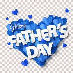 Wall Mural - happy fathers day greeting banner with big heart made of blue origami hearts isolated on transparent