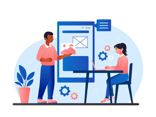 Poster - App development concept. Man and girl analyze image and improve program interface. Designers and programmers in office, partnership and coworking, innovation. Cartoon flat vector illustration