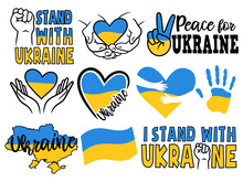 Set Of Icons In Support Of Ukraine. Collection Of Patriotic Symbols Flag Of Ukraine, Dove Of Peace, Heart With Ukrainian Flag In Hands. Stand With Ukraine. Vector Illustration On Whitw Background.
