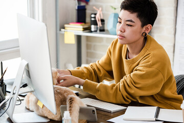 young asian tomboy woman in casual attire looking at computer while working from home with cat on th