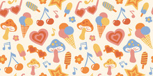 Groovy Whimsical Retro Illustration Print. 60s Inspired 90s 00s Y2K Style Seamless Pattern Vector. Isolated Elements. Cute Mushrooms, Popsicles, Ice Cream, Cherry, Heart-shaped Sunglasses, Daisies.	