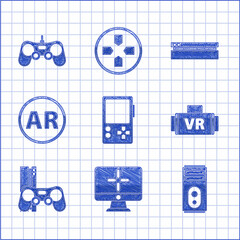 Sticker - Set Portable video game console, Computer monitor, Virtual reality glasses, Game with joystick, Ar, augmented, Video and Gamepad icon. Vector