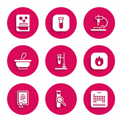 Wall Mural - Set Test tube flask on fire, and, Periodic table, Fire flame, Certificate template, Mortar pestle, Microscope and Chemistry book icon. Vector