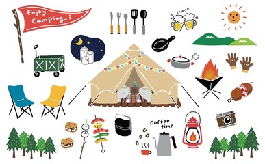 キャンプ グランピング アウトドア アイコン 手描きイラスト