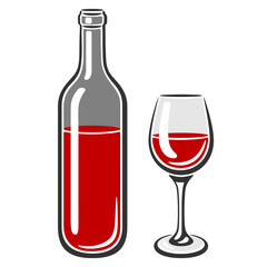 Illustration of bottle and glass with red wine. Image for restaurants and bars.