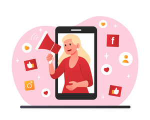 Wall Mural - Mobile marketing concept. Young girl with megaphone on smartphone screen. Popular personality and opinion leader. Promotion of products and services on Internet. Cartoon flat vector illustration