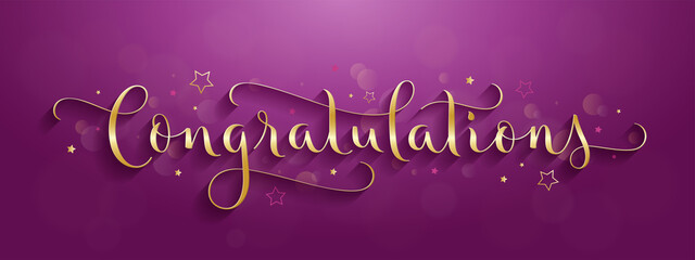 Poster - CONGRATULATIONS metallic gold vector brush calligraphy greeting card with bokehs and stars on pink background