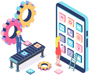 Wall Mural - girl stands near smartphone with application interface on screen. woman looking at icons in mobile a