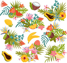 Naklejka na meble Set of cute Summer compositions, tropical leaves, flowers and exotic fruits other perfect for postcard, scrapbooking, beach party. Vector illustration.