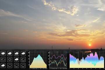 Wall Mural - weather forecast symbol data presentation with graph and chart on dramatic atmosphere panorama view 
