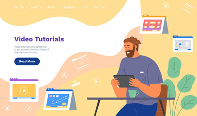 Website homepage landing page template banner with modern flat style. Video tutorials for online learning. Man takes virtual courses, studies using Internet. Distance education program design