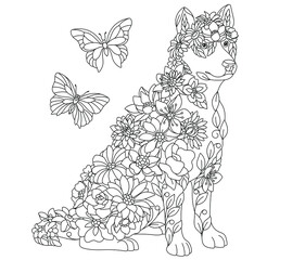 Wall Mural - Floral adult coloring book page. Fairy tale husky dog. Ethereal animal consisting of flowers, leaves and butterflies.