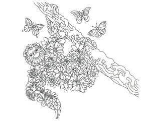 Wall Mural - Floral adult coloring book page. Fairy tale sloth on the tree. Ethereal animal consisting of flowers, leaves and butterflies.